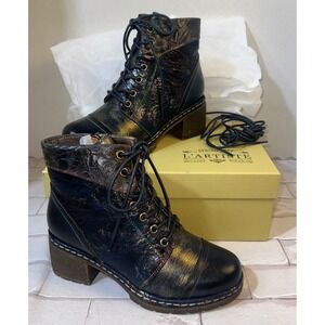 Spring Step L'Artiste Women Navy Leather Floral Metallic Ankle Boots Hand Paint